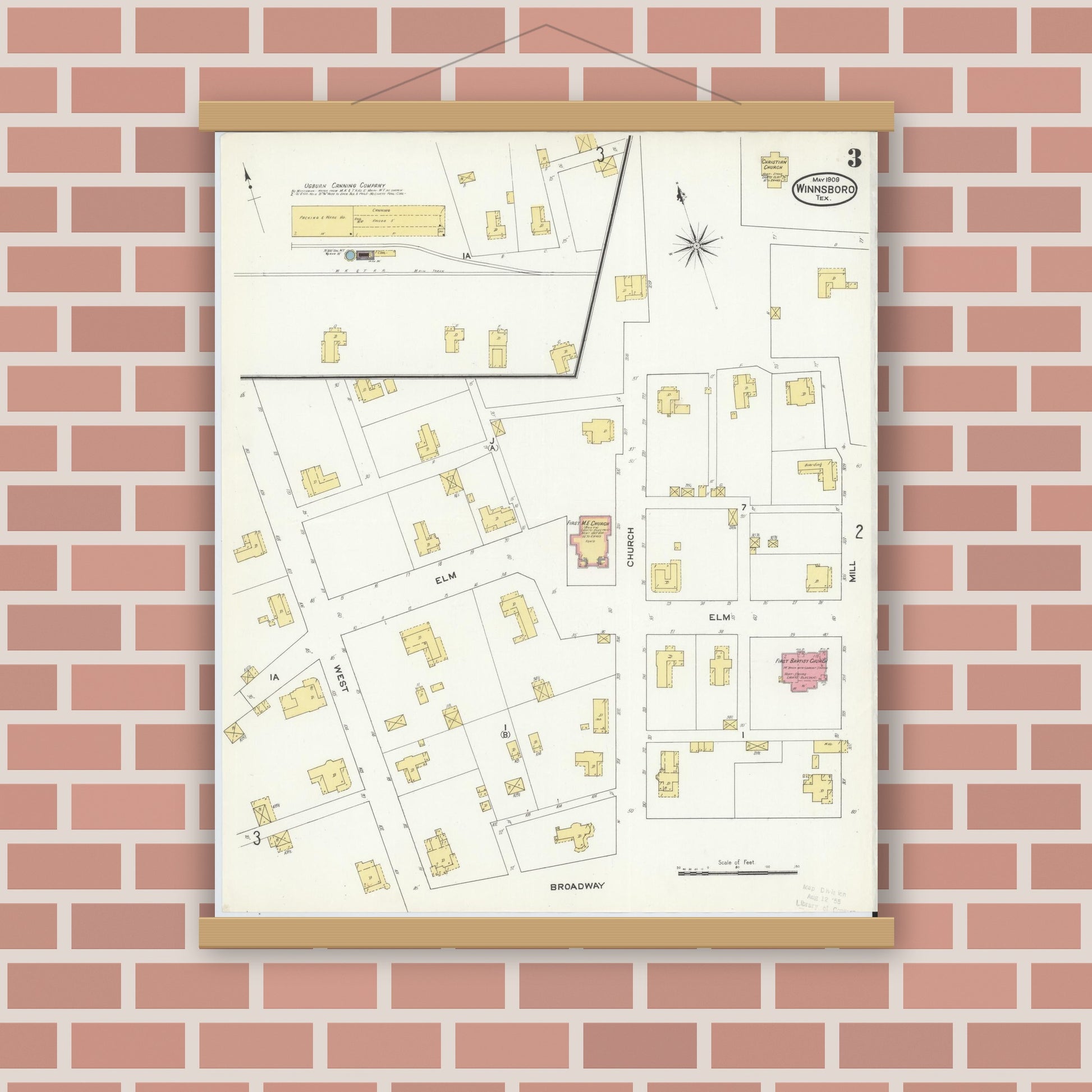 Old map wall art mockup — magnetic wood frame on brick wall — Sanborn Fire Insurance Map from Winnsboro, Wood County, Texas (1909), Sheet #0003
