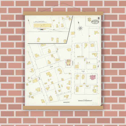 Old map wall art mockup — magnetic wood frame on brick wall — Sanborn Fire Insurance Map from Winnsboro, Wood County, Texas (1909), Sheet #0003