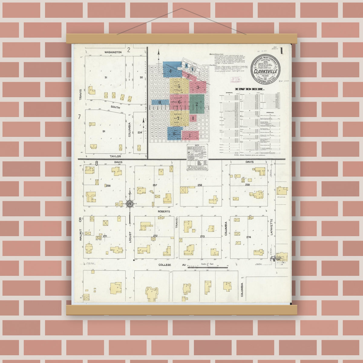 Old map wall art mockup — magnetic wood frame on brick wall — Sanborn Fire Insurance Map from Clarksville, Red River County, Texas (1911) - Complete Map Set