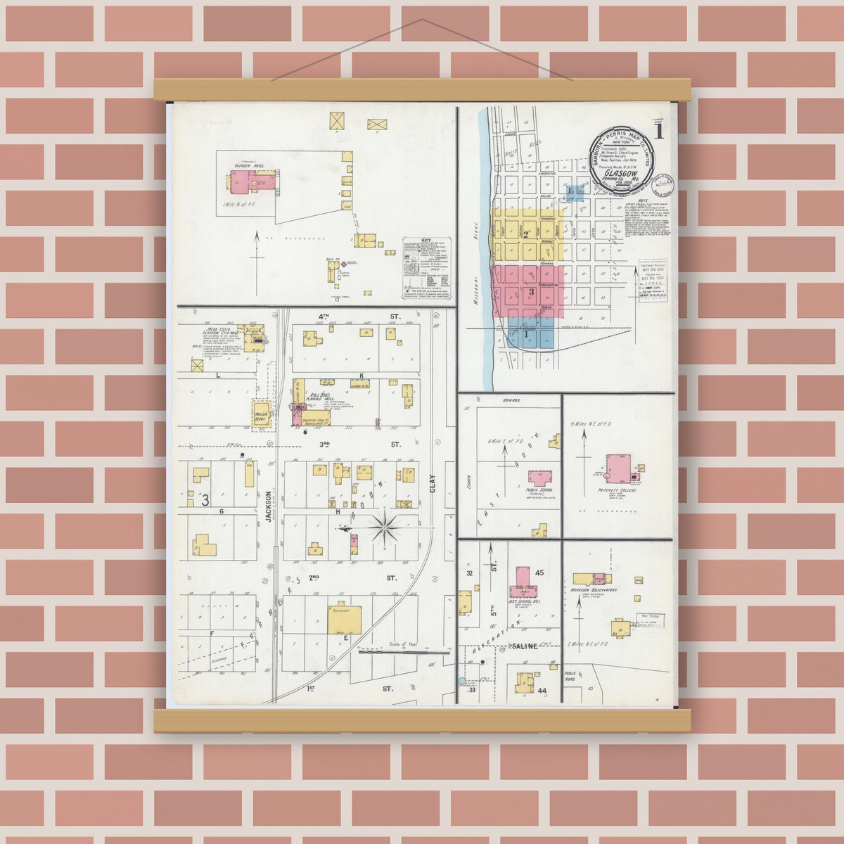 Old map wall art mockup — magnetic wood frame on brick wall — Sanborn Fire Insurance Map from Glasgow, Howard County, Missouri (1900), Sheet #0001