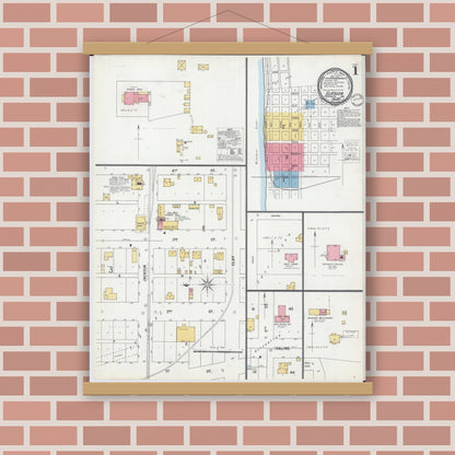 Old map wall art mockup — magnetic wood frame on brick wall — Sanborn Fire Insurance Map from Glasgow, Howard County, Missouri (1900), Sheet #0001