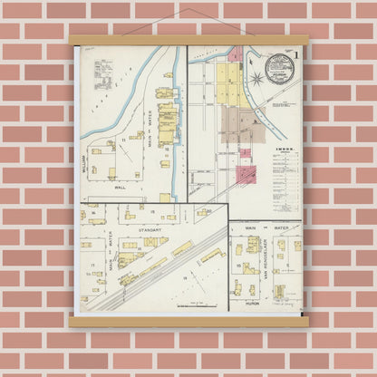 Old map wall art mockup — magnetic wood frame on brick wall — Sanborn Fire Insurance Map from Huron, Erie County, Ohio (1893) - Complete Map Set