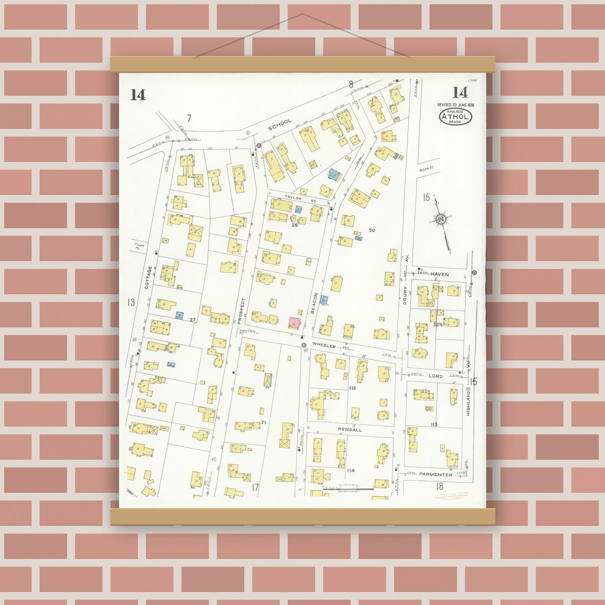 Old map wall art mockup — magnetic wood frame on brick wall — Sanborn Fire Insurance Map from Athol, Worcester County, Massachusetts (1936), Sheet #0014