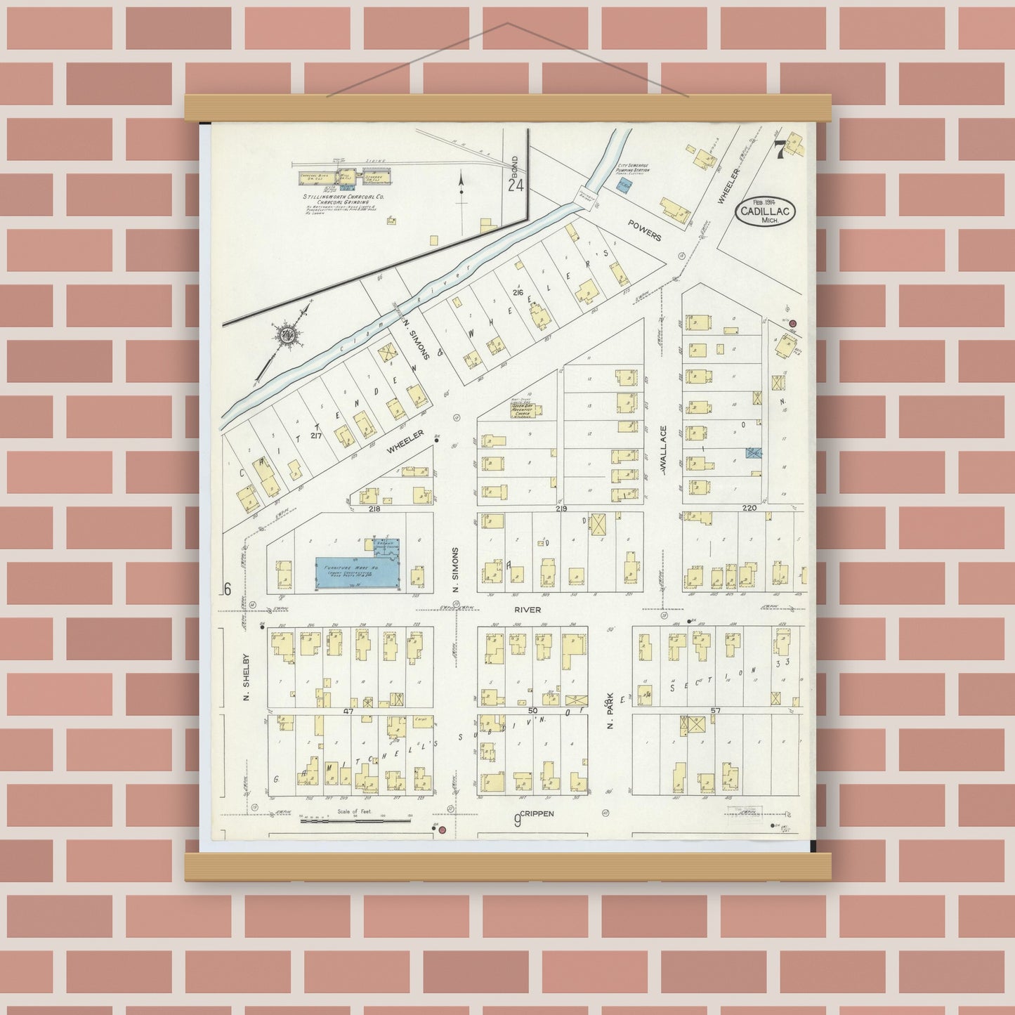 Old map wall art mockup — magnetic wood frame on brick wall — Sanborn Fire Insurance Map from Cadillac, Wexford County, Michigan (1914), Sheet #0007