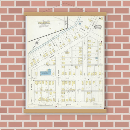 Old map wall art mockup — magnetic wood frame on brick wall — Sanborn Fire Insurance Map from Cadillac, Wexford County, Michigan (1914), Sheet #0007