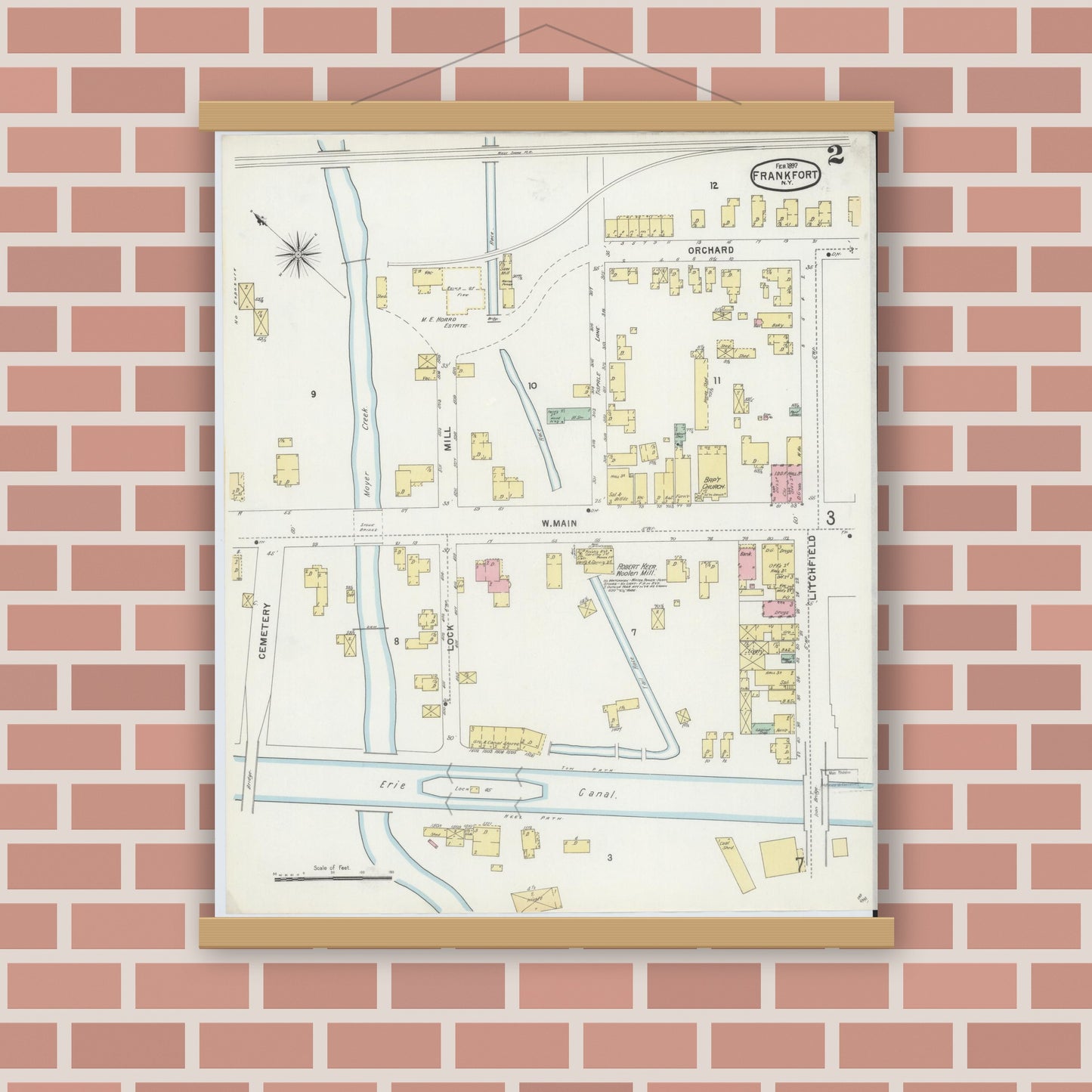 Old map wall art mockup — magnetic wood frame on brick wall — Sanborn Fire Insurance Map from Frankfort, Herkimer County, New York (1897), Sheet #0002