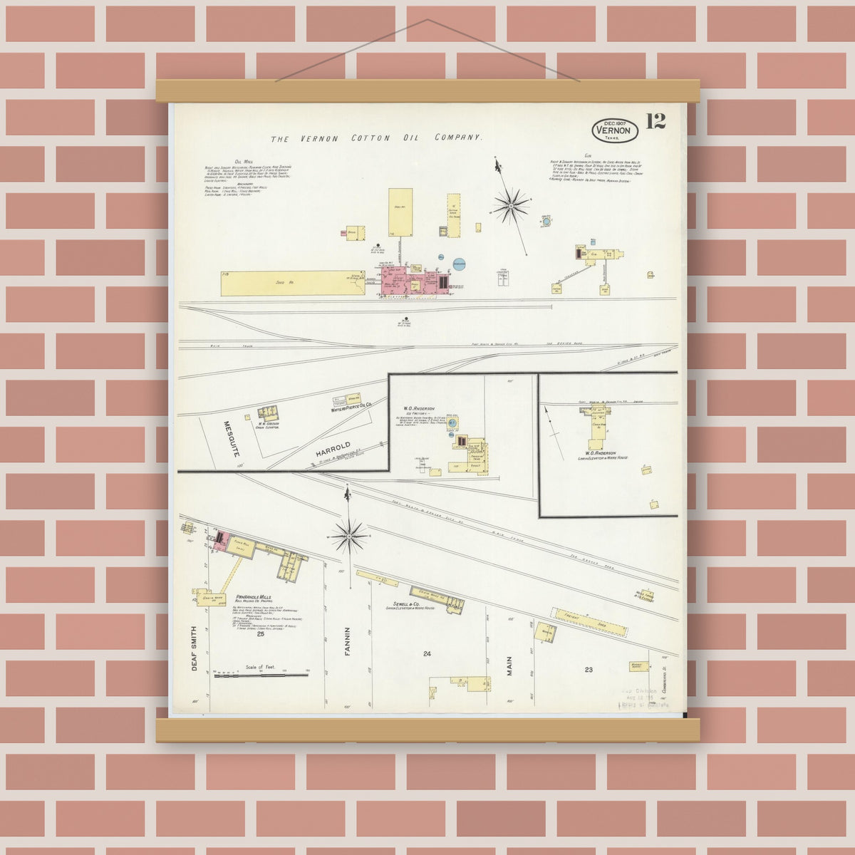 Old map wall art mockup — magnetic wood frame on brick wall — Sanborn Fire Insurance Map from Vernon, Wilbarger County, Texas (1907), Sheet #0012
