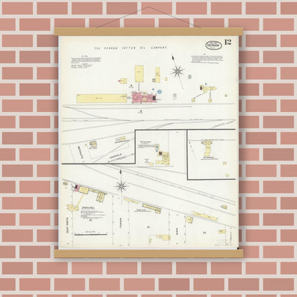 Old map wall art mockup — magnetic wood frame on brick wall — Sanborn Fire Insurance Map from Vernon, Wilbarger County, Texas (1907), Sheet #0012