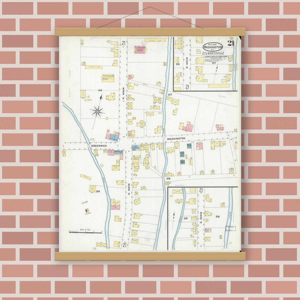 Old map wall art mockup — magnetic wood frame on brick wall — Sanborn Fire Insurance Map from Washington, Warren County, New Jersey (1909), Sheet #0021
