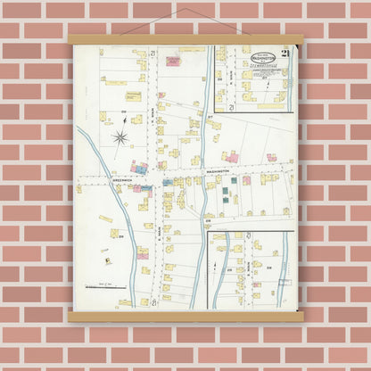 Old map wall art mockup — magnetic wood frame on brick wall — Sanborn Fire Insurance Map from Washington, Warren County, New Jersey (1909), Sheet #0021