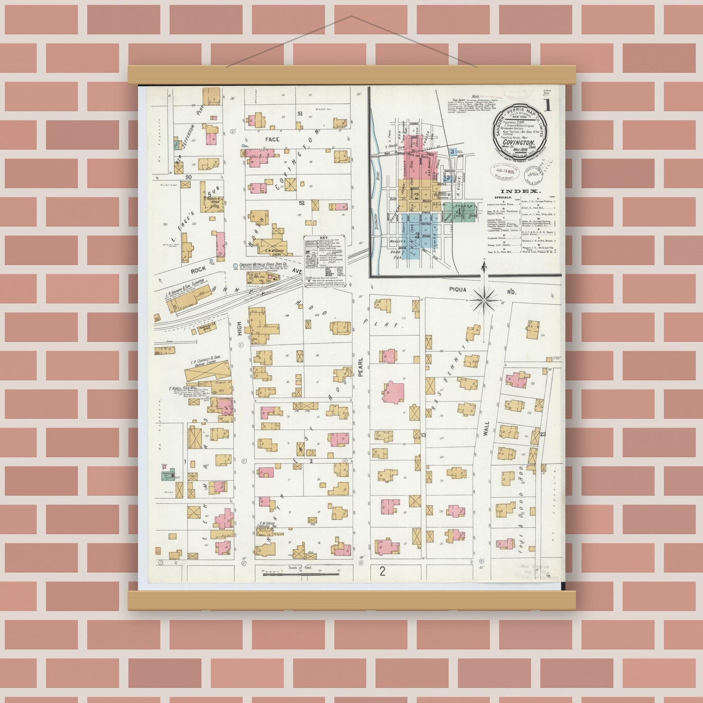 Old map wall art mockup — magnetic wood frame on brick wall — Sanborn Fire Insurance Map from Covington, Miami County, Ohio (1899), Sheet #0001