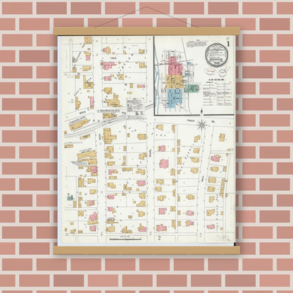 Old map wall art mockup — magnetic wood frame on brick wall — Sanborn Fire Insurance Map from Covington, Miami County, Ohio (1899), Sheet #0001