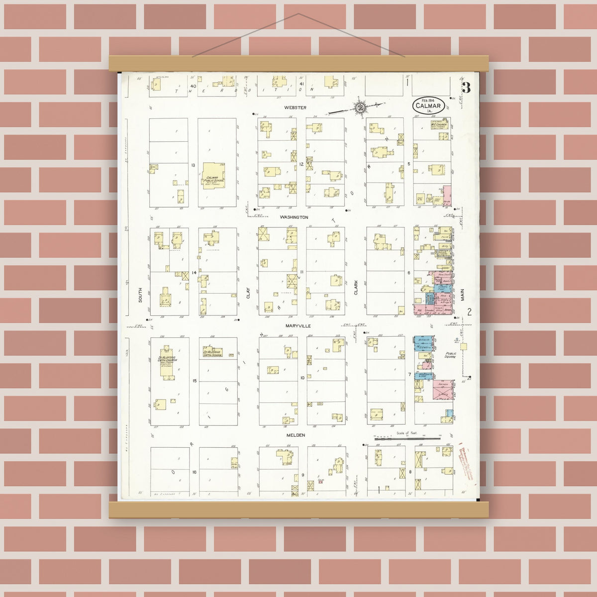 Old map wall art mockup — magnetic wood frame on brick wall — Sanborn Fire Insurance Map from Calmar, Winneshiek County, Iowa (1914), Sheet #0003