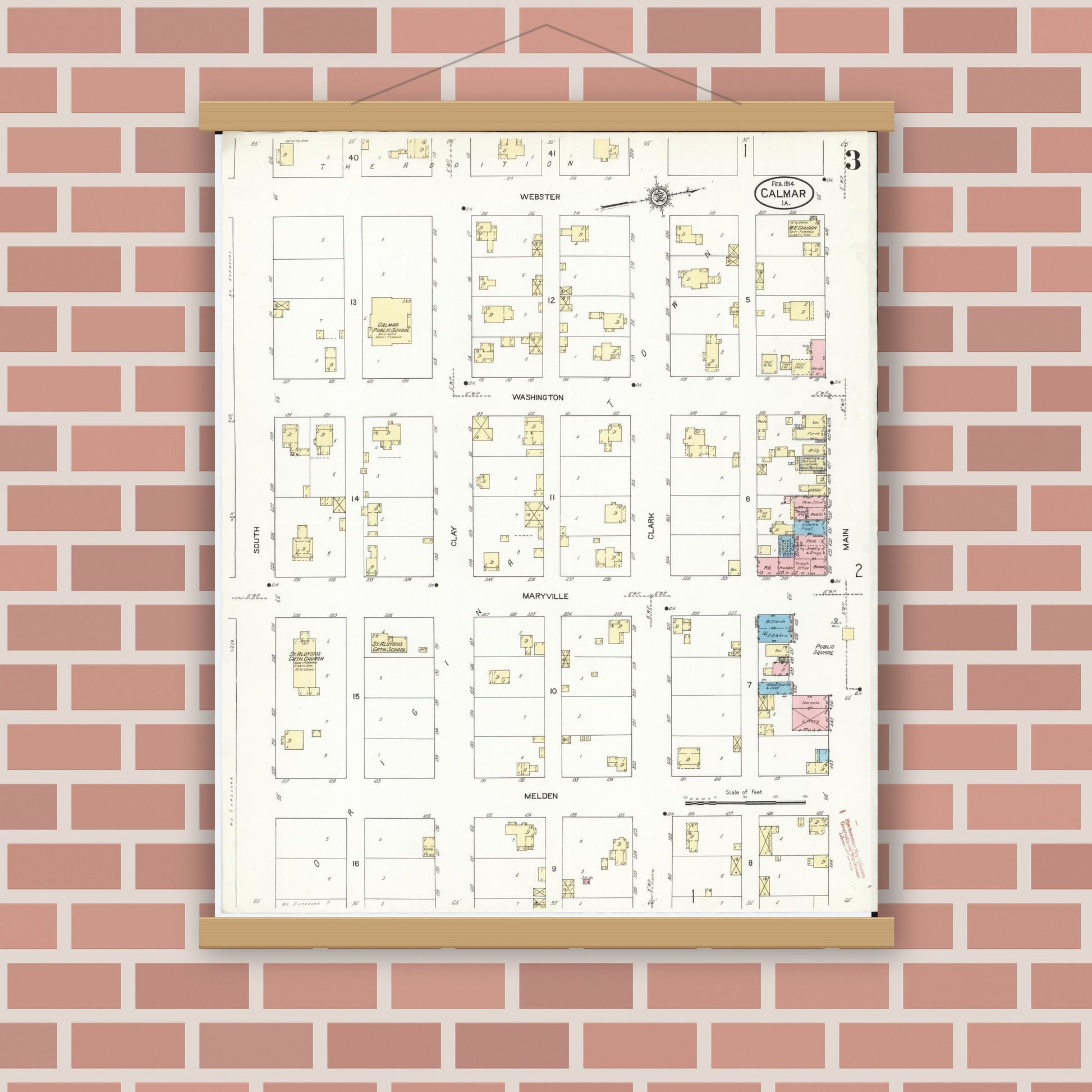 Old map wall art mockup — magnetic wood frame on brick wall — Sanborn Fire Insurance Map from Calmar, Winneshiek County, Iowa (1914), Sheet #0003