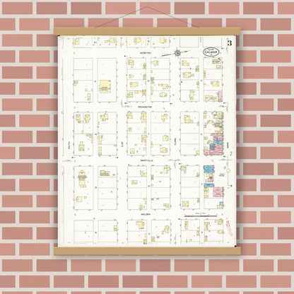 Old map wall art mockup — magnetic wood frame on brick wall — Sanborn Fire Insurance Map from Calmar, Winneshiek County, Iowa (1914), Sheet #0003