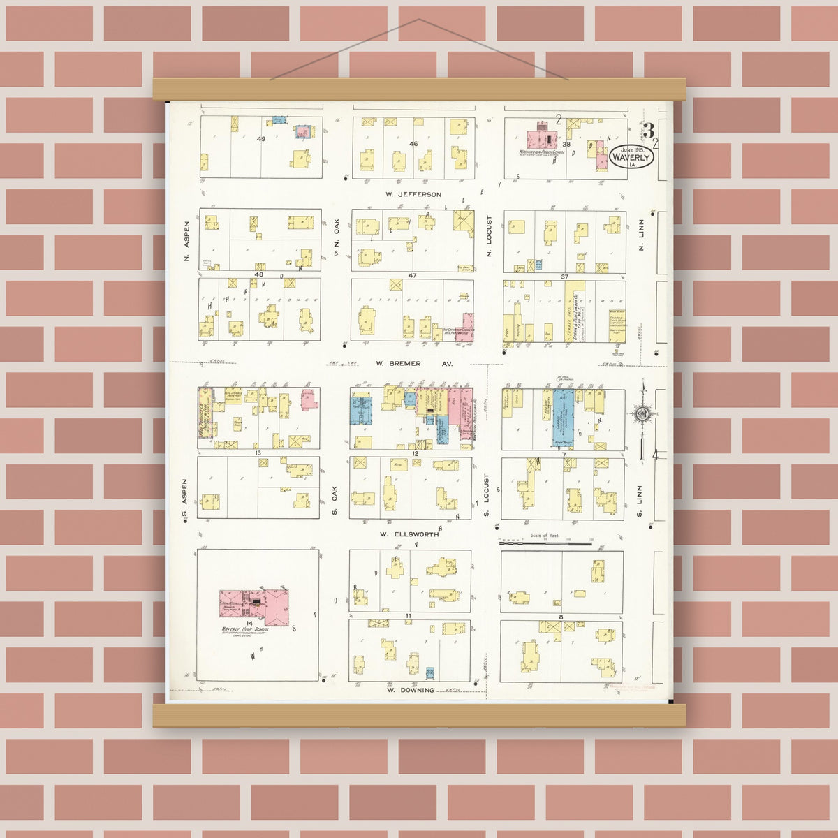 Old map wall art mockup — magnetic wood frame on brick wall — Sanborn Fire Insurance Map from Waverly, Bremer County, Iowa (1915), Sheet #0003