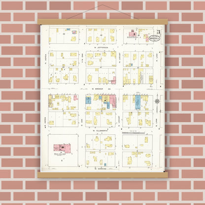 Old map wall art mockup — magnetic wood frame on brick wall — Sanborn Fire Insurance Map from Waverly, Bremer County, Iowa (1915), Sheet #0003