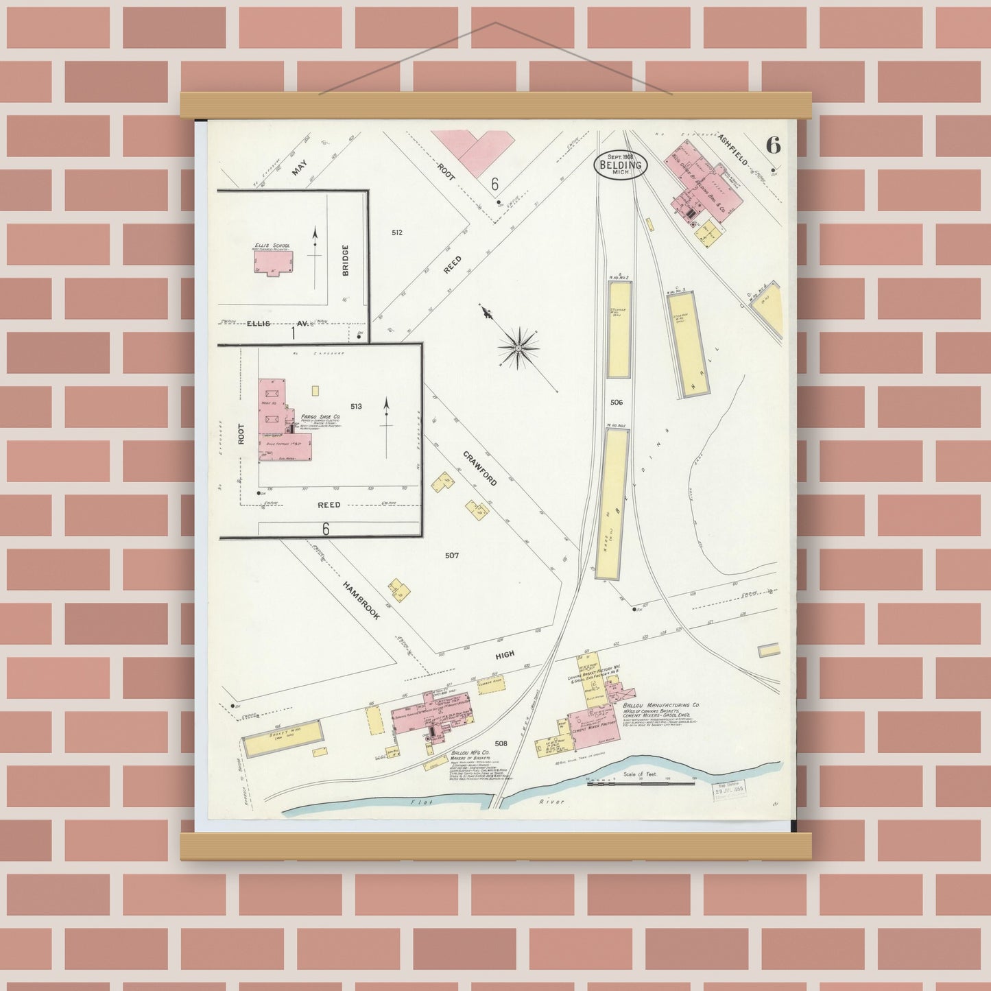 Old map wall art mockup — magnetic wood frame on brick wall — Sanborn Fire Insurance Map from Belding, Ionia County, Michigan (1908), Sheet #0006