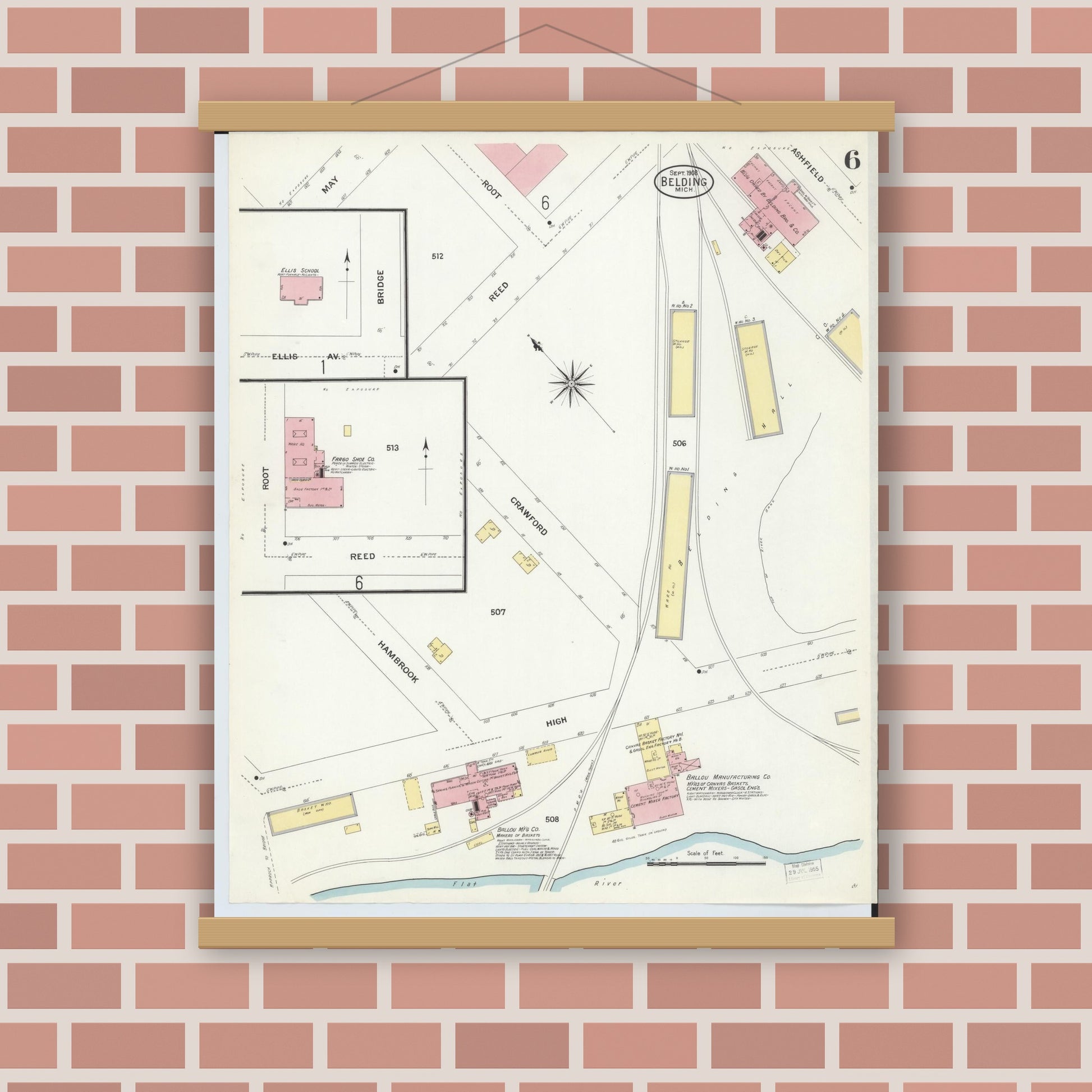 Old map wall art mockup — magnetic wood frame on brick wall — Sanborn Fire Insurance Map from Belding, Ionia County, Michigan (1908), Sheet #0006