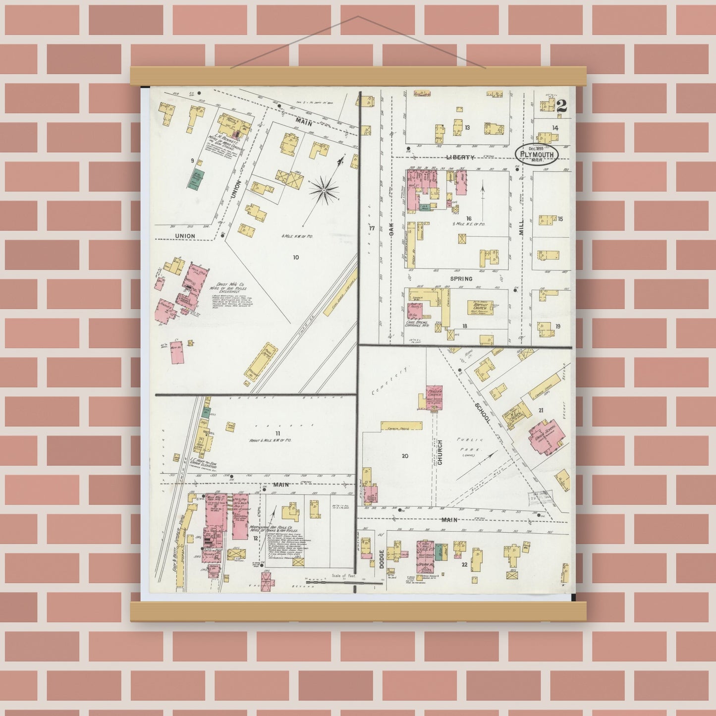 Old map wall art mockup — magnetic wood frame on brick wall — Sanborn Fire Insurance Map from Plymouth, Wayne County, Michigan (1899), Sheet #0002