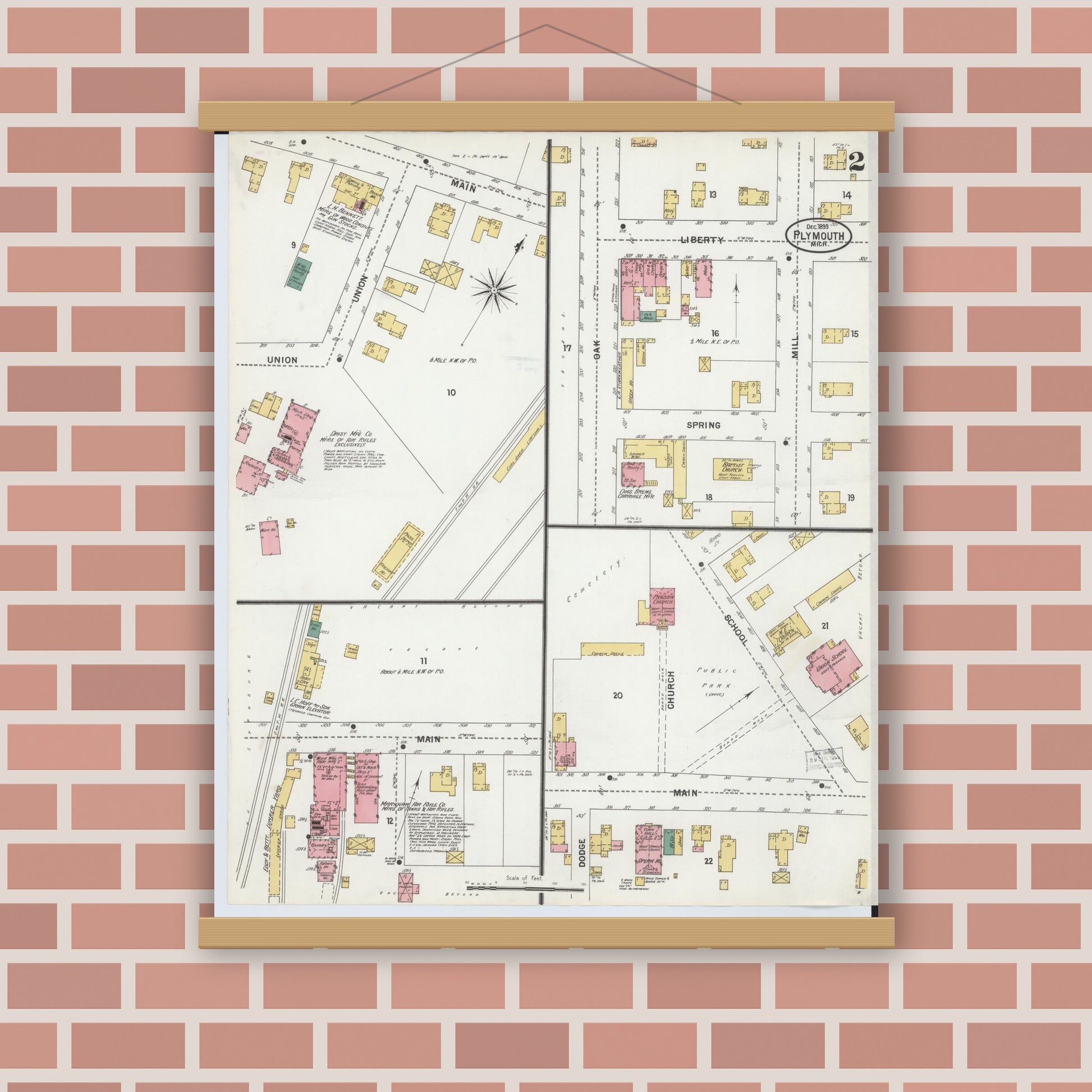 Old map wall art mockup — magnetic wood frame on brick wall — Sanborn Fire Insurance Map from Plymouth, Wayne County, Michigan (1899), Sheet #0002