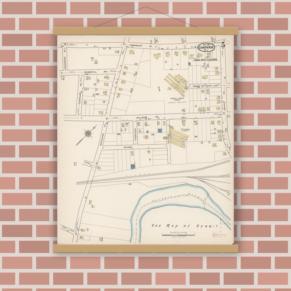Old map wall art mockup — magnetic wood frame on brick wall — Sanborn Fire Insurance Map from Chatham, Morris County, New Jersey (1921), Sheet #0005