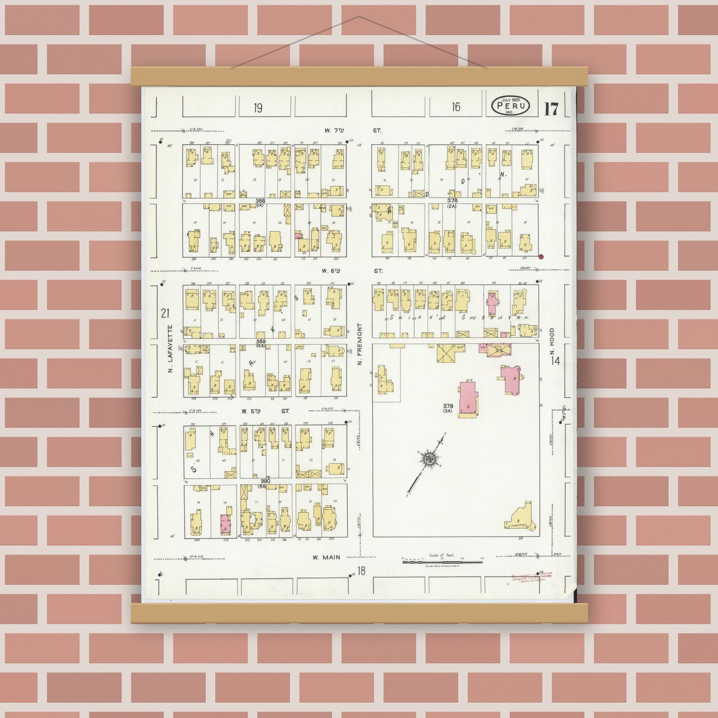 Old map wall art mockup — magnetic wood frame on brick wall — Sanborn Fire Insurance Map from Peru, Miami County, Indiana (1920), Sheet #0017