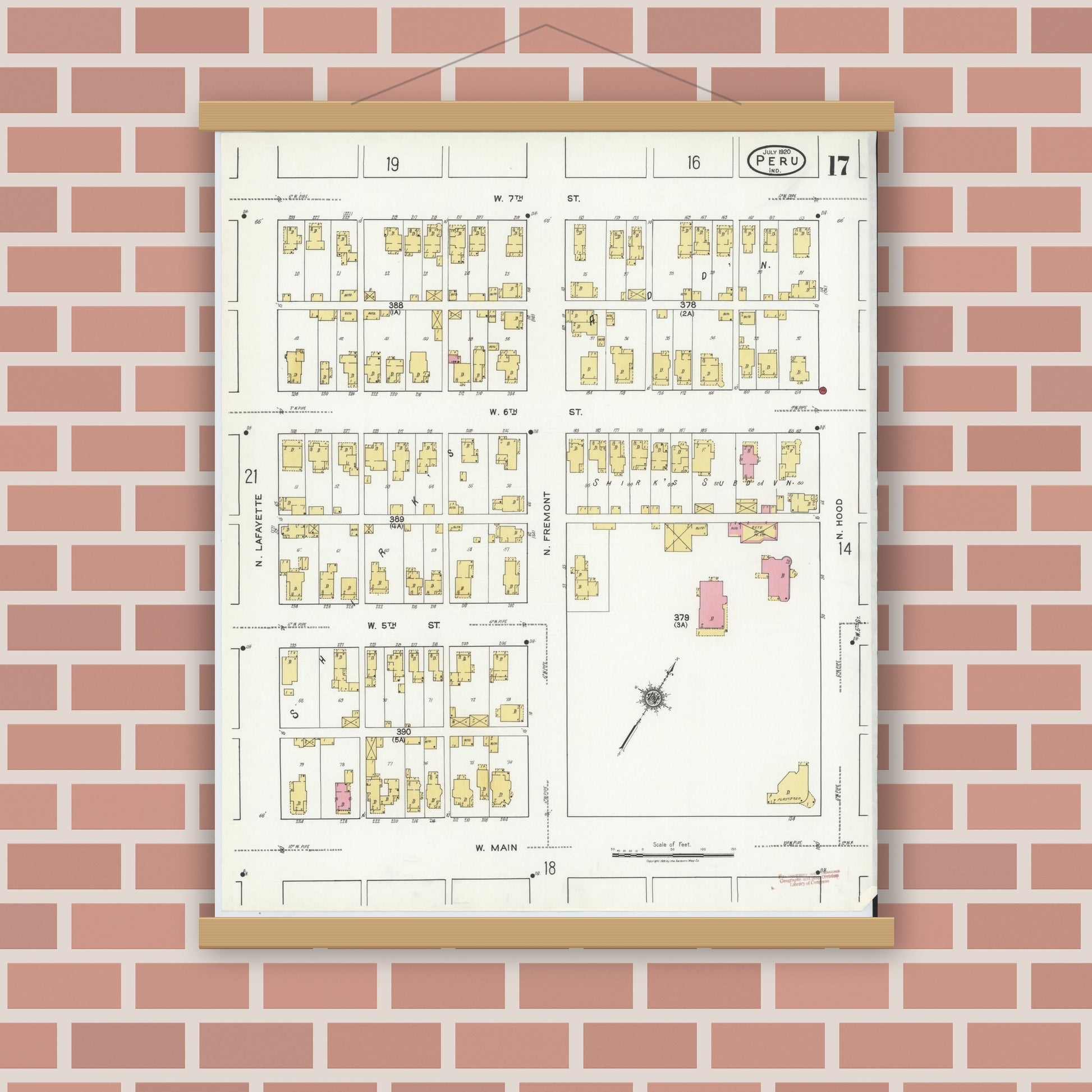 Old map wall art mockup — magnetic wood frame on brick wall — Sanborn Fire Insurance Map from Peru, Miami County, Indiana (1920), Sheet #0017