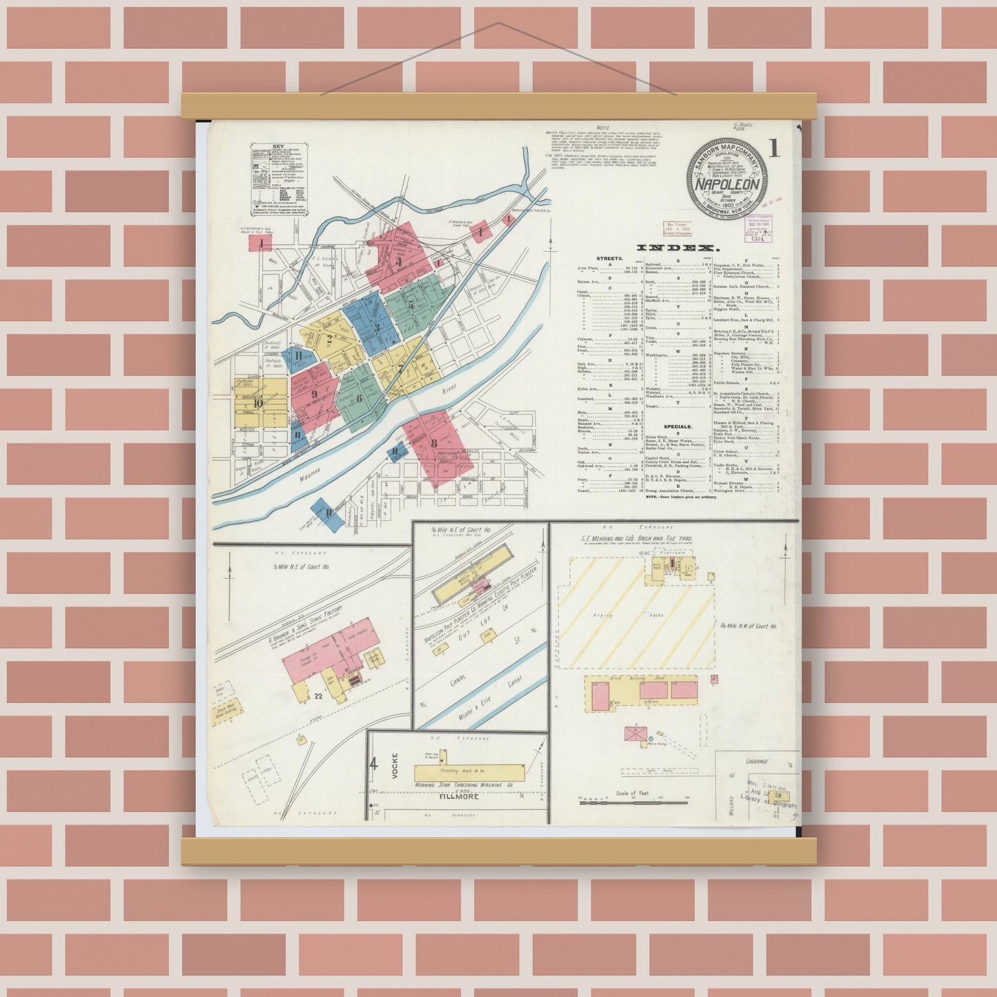 Old map wall art mockup — magnetic wood frame on brick wall — Sanborn Fire Insurance Map from Napoleon, Henry County, Ohio (1905) - Complete Map Set