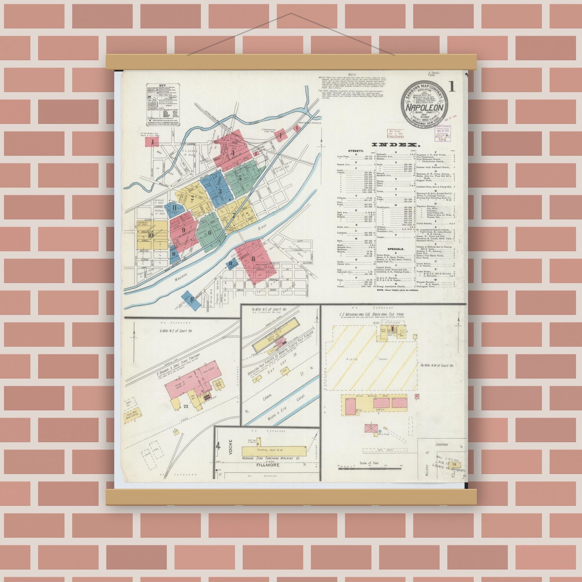 Old map wall art mockup — magnetic wood frame on brick wall — Sanborn Fire Insurance Map from Napoleon, Henry County, Ohio (1905) - Complete Map Set