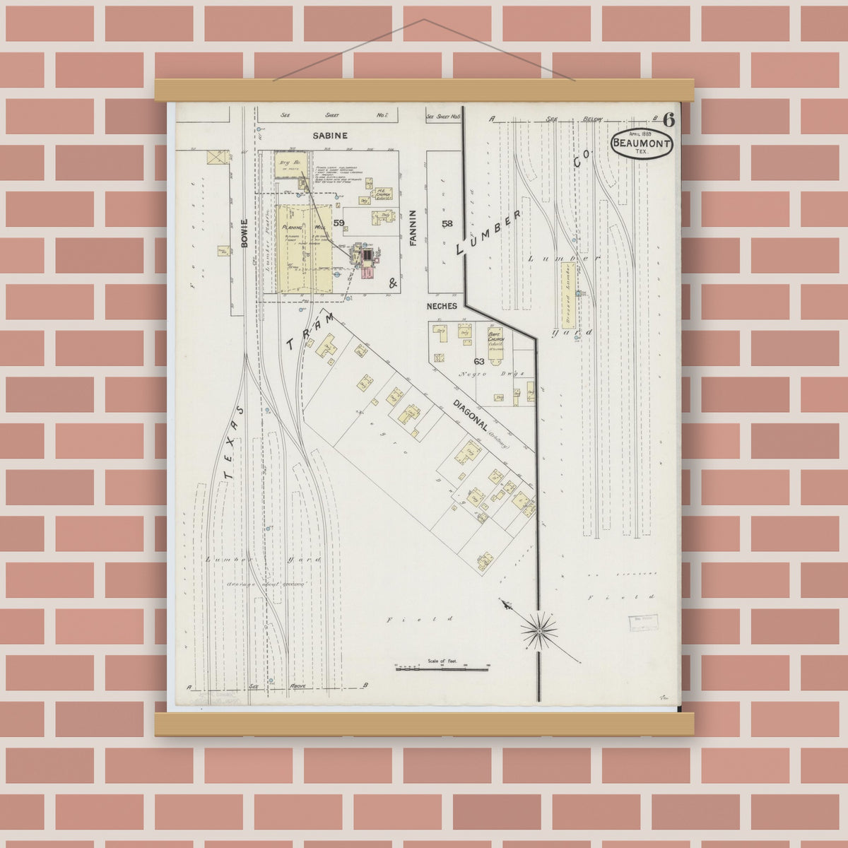 Old map wall art mockup — magnetic wood frame on brick wall — Sanborn Fire Insurance Map from Beaumont, Jefferson County, Texas (1889), Sheet #0006