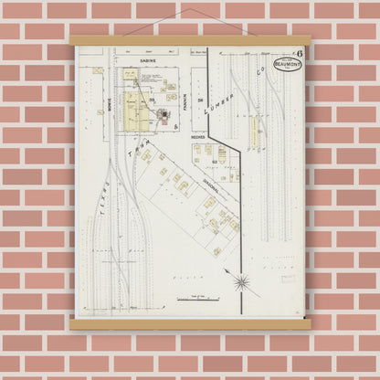 Old map wall art mockup — magnetic wood frame on brick wall — Sanborn Fire Insurance Map from Beaumont, Jefferson County, Texas (1889), Sheet #0006