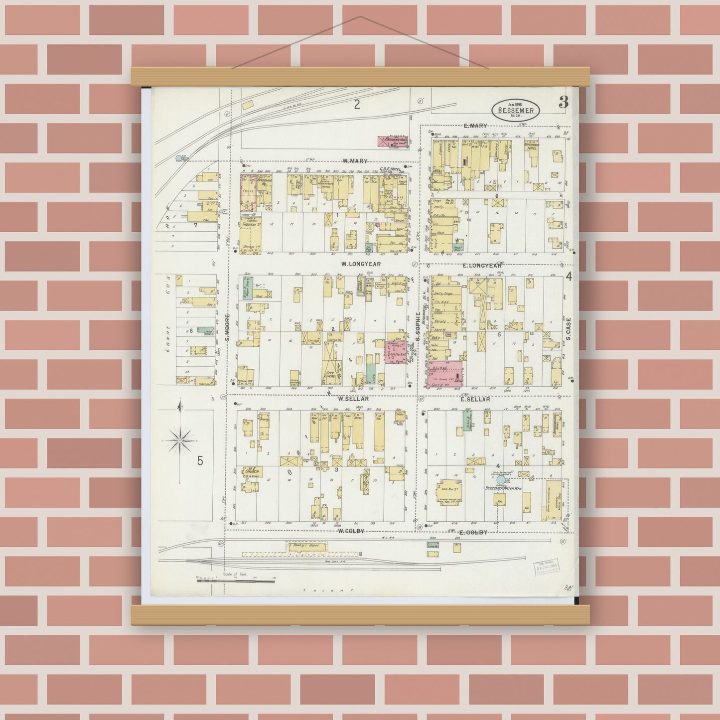 Old map wall art mockup — magnetic wood frame on brick wall — Sanborn Fire Insurance Map from Bessemer, Gogebic County, Michigan (1898), Sheet #0003