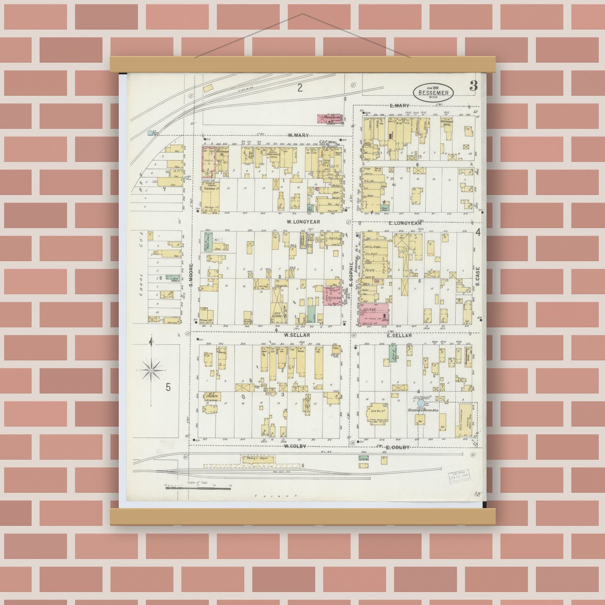 Old map wall art mockup — magnetic wood frame on brick wall — Sanborn Fire Insurance Map from Bessemer, Gogebic County, Michigan (1898), Sheet #0003