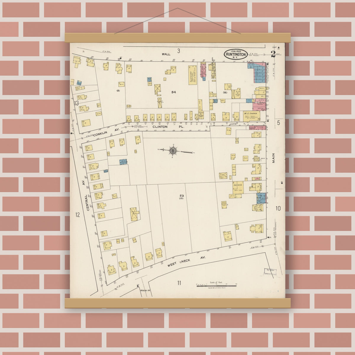 Old map wall art mockup — magnetic wood frame on brick wall — Sanborn Fire Insurance Map from Huntington, Suffolk County, New York (1922) - Complete Map Set
