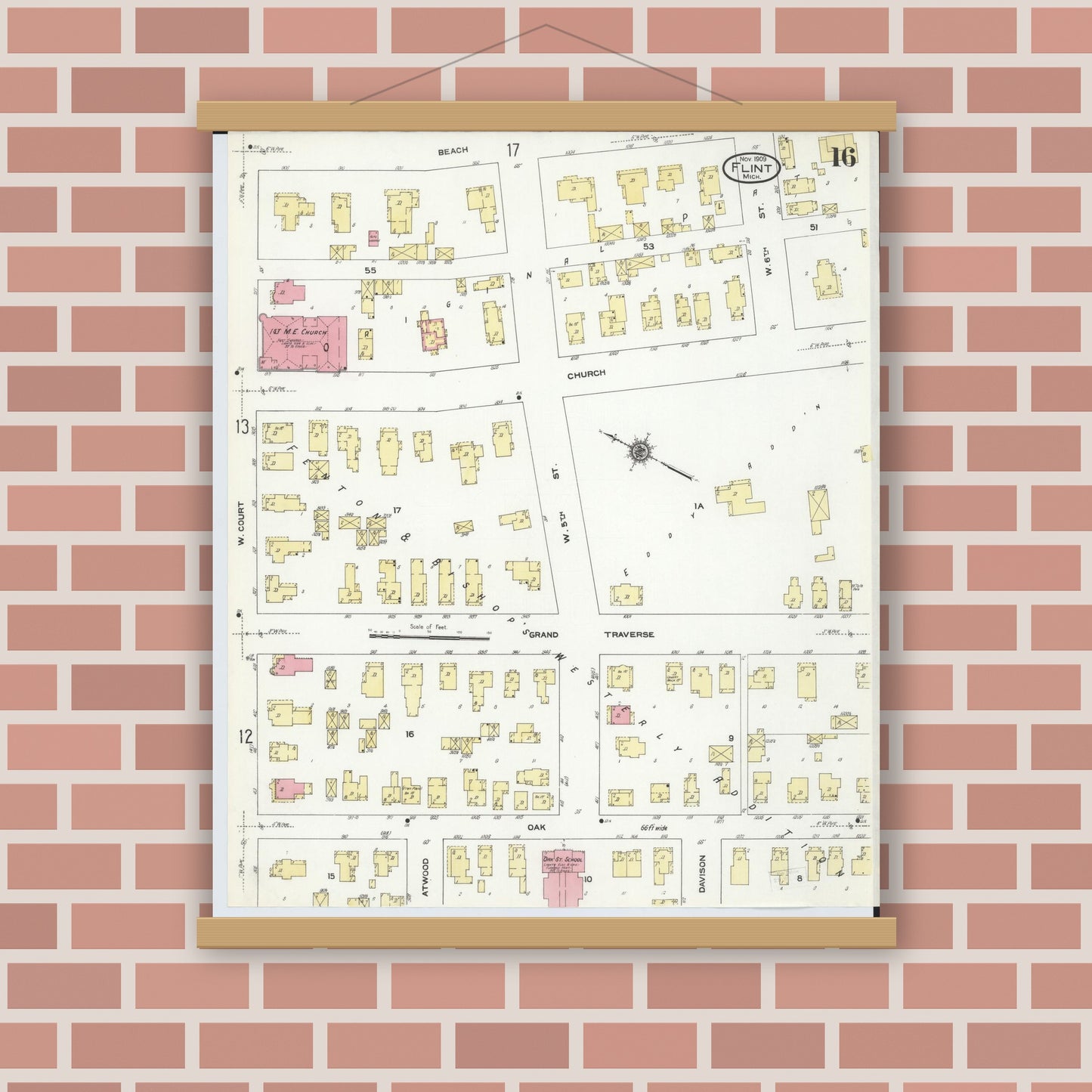 Old map wall art mockup — magnetic wood frame on brick wall — Sanborn Fire Insurance Map from Flint, Genesee County, Michigan (1909), Sheet #0016