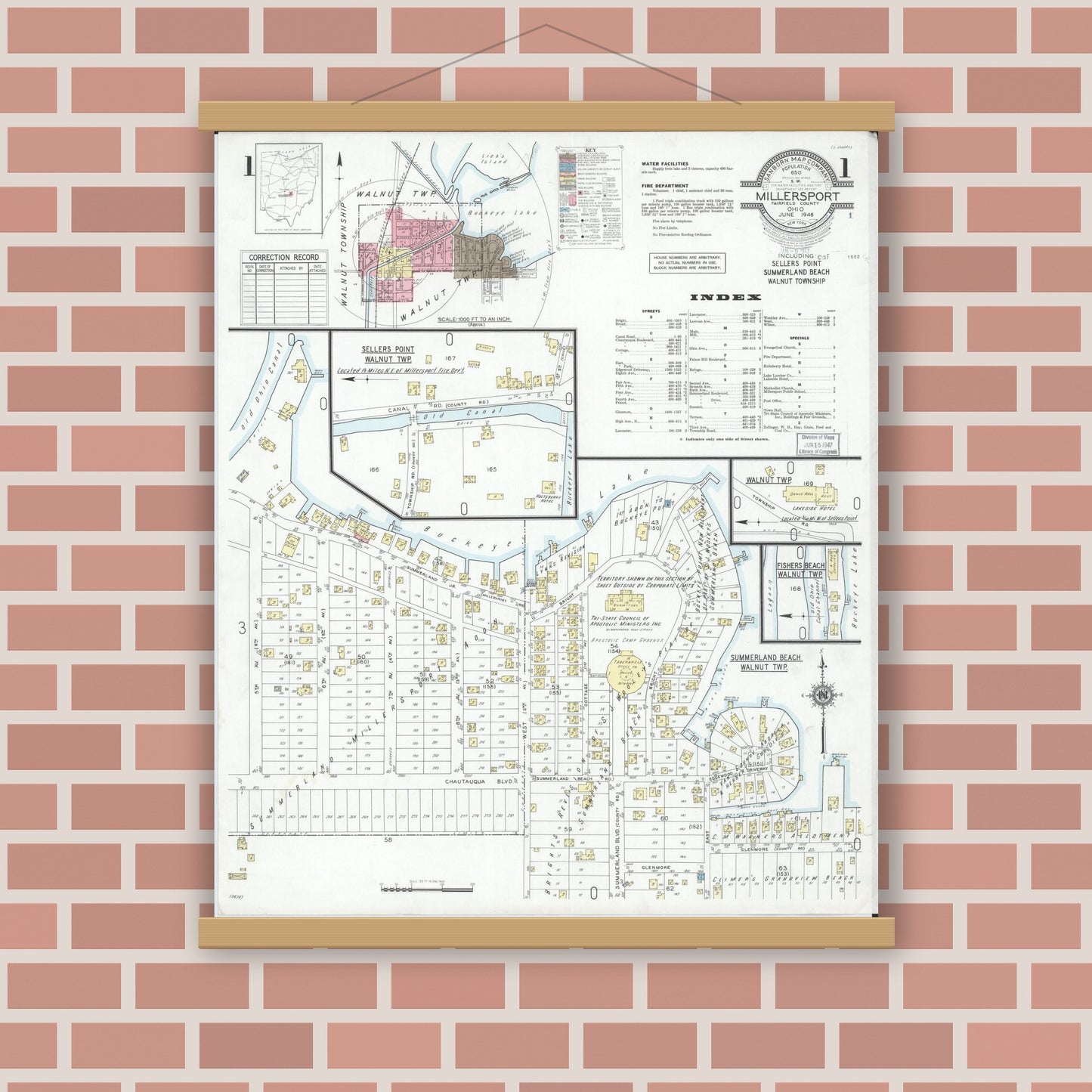Old map wall art mockup — magnetic wood frame on brick wall — Sanborn Fire Insurance Map from Millersport, Fairfield County, Ohio (1946), Sheet #0001