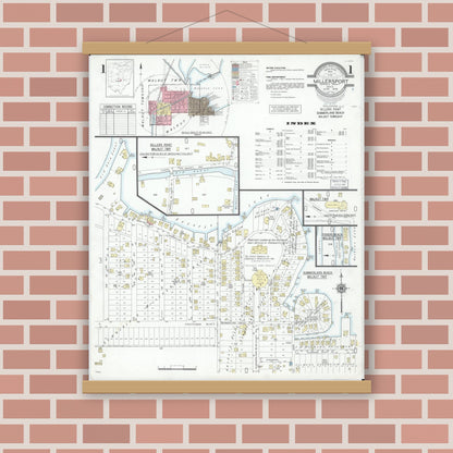 Old map wall art mockup — magnetic wood frame on brick wall — Sanborn Fire Insurance Map from Millersport, Fairfield County, Ohio (1946), Sheet #0001