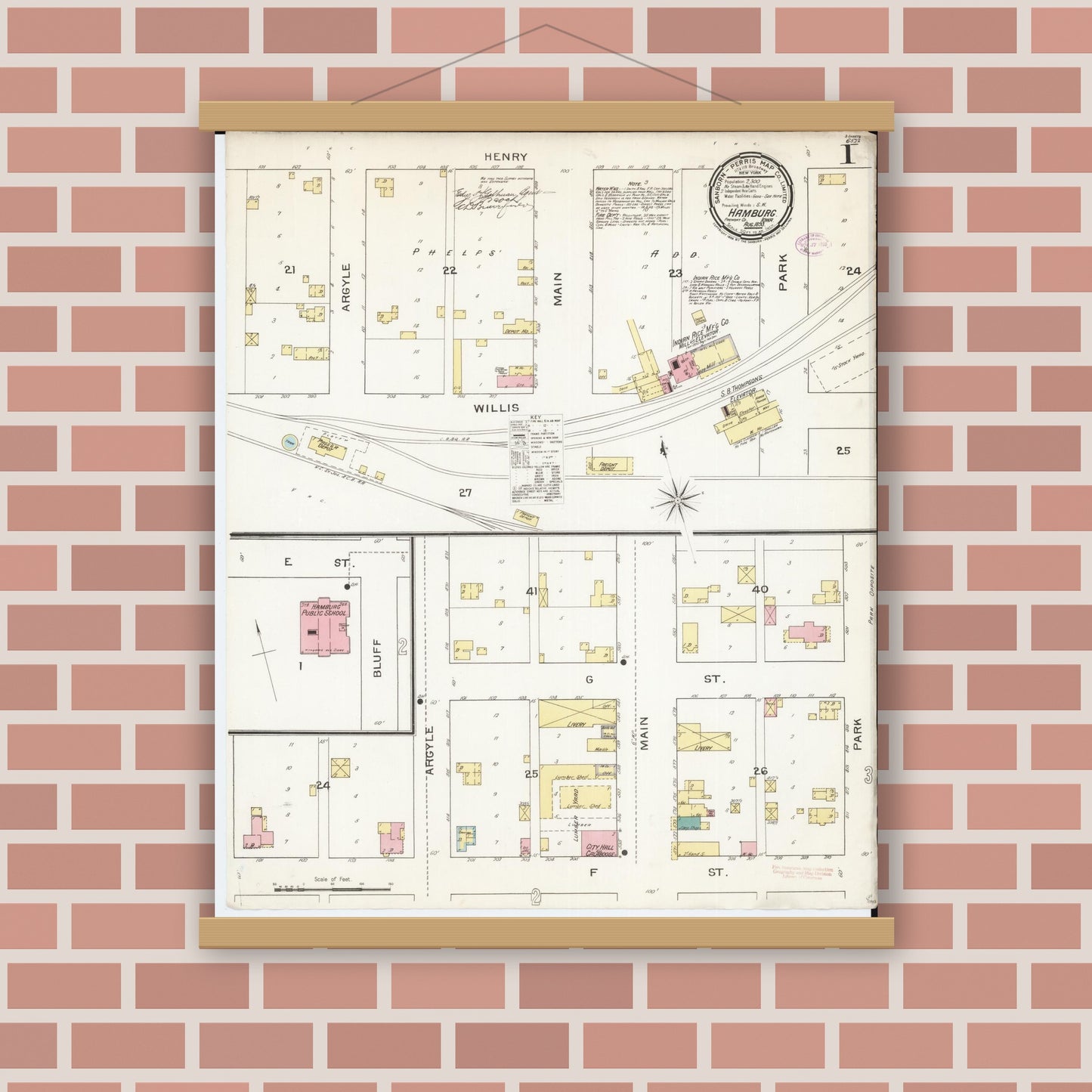 Old map wall art mockup — magnetic wood frame on brick wall — Sanborn Fire Insurance Map from Hamburg, Fremont County, Iowa (1893) â€” Complete Set