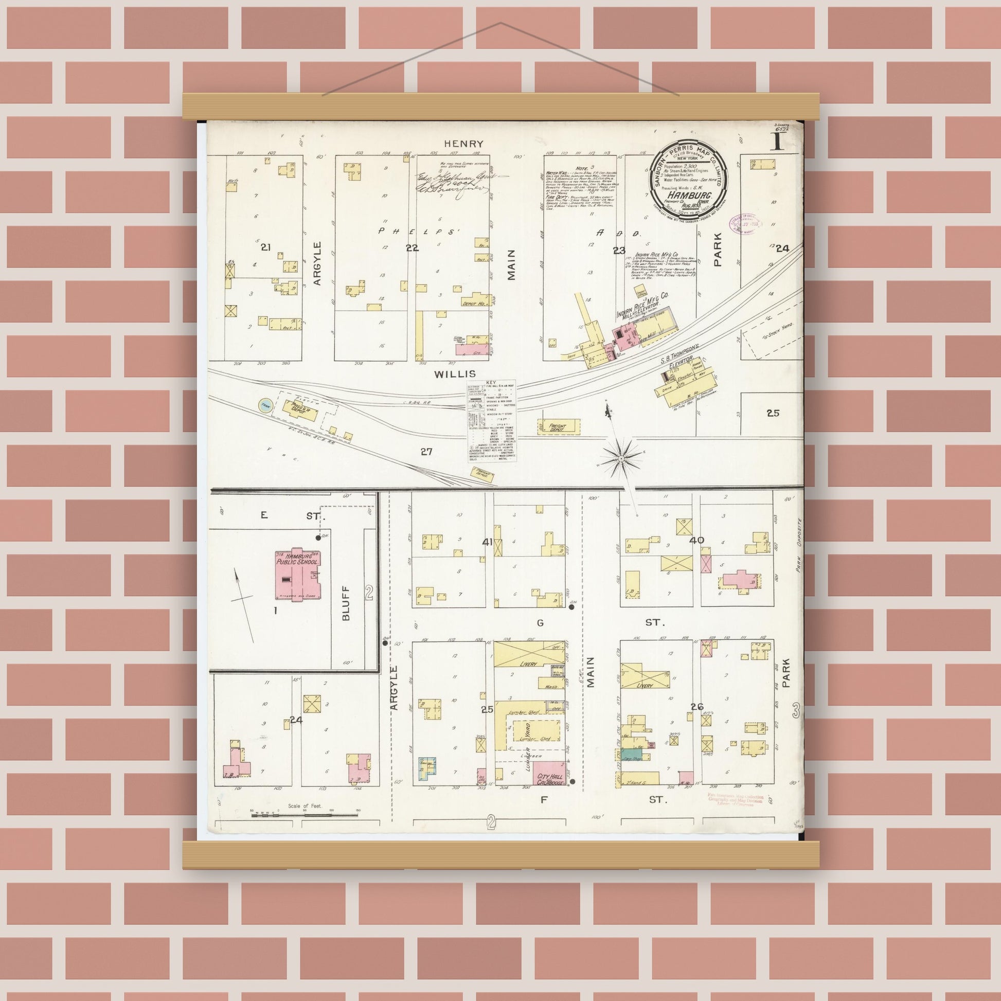 Old map wall art mockup — magnetic wood frame on brick wall — Sanborn Fire Insurance Map from Hamburg, Fremont County, Iowa (1893) â€” Complete Set