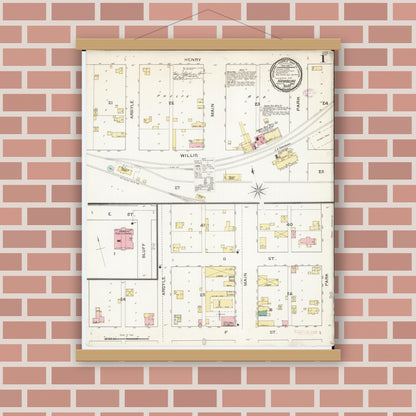 Old map wall art mockup — magnetic wood frame on brick wall — Sanborn Fire Insurance Map from Hamburg, Fremont County, Iowa (1893) â€” Complete Set