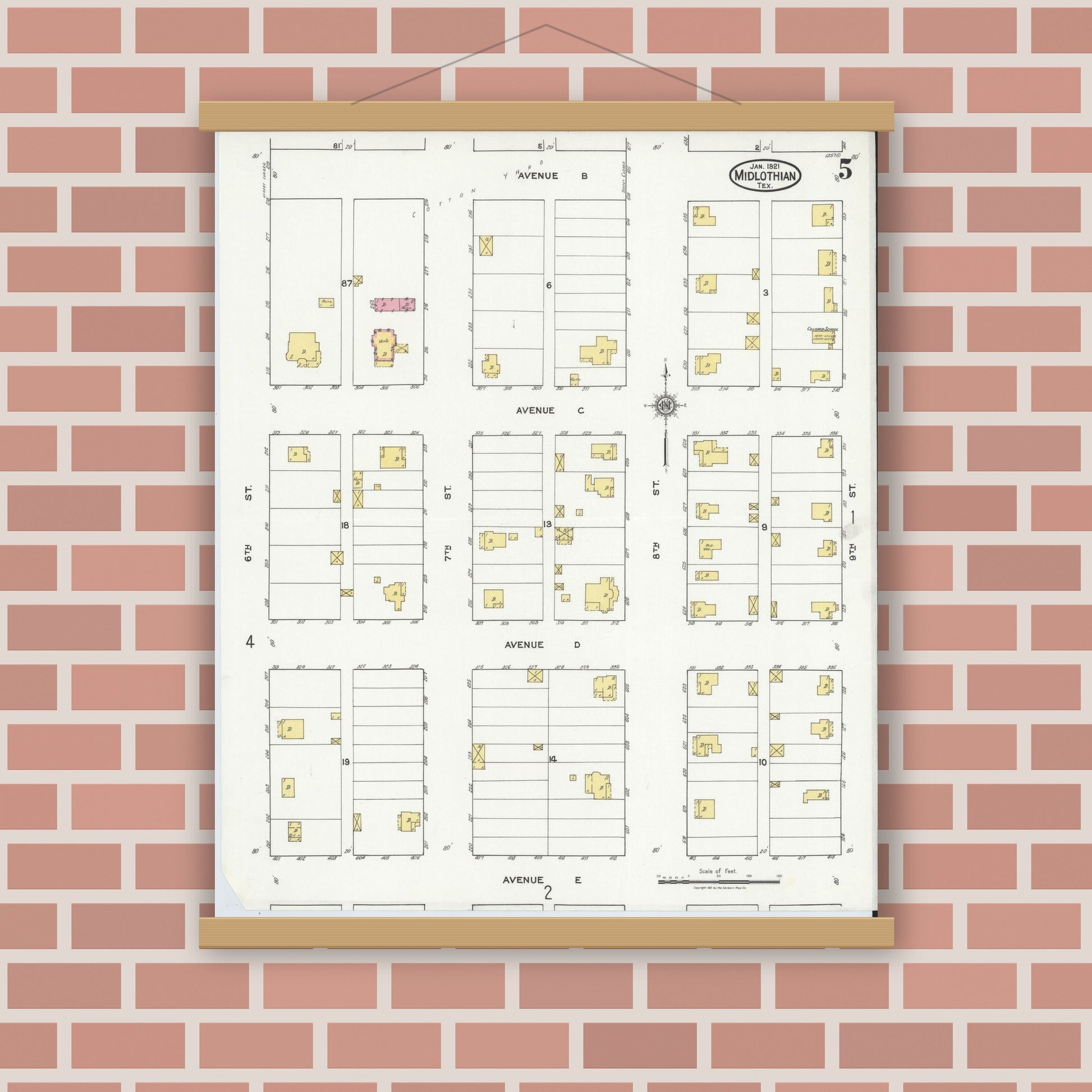Old map wall art mockup — magnetic wood frame on brick wall — Sanborn Fire Insurance Map from Midlothian, Ellis County, Texas (1921), Sheet #0005