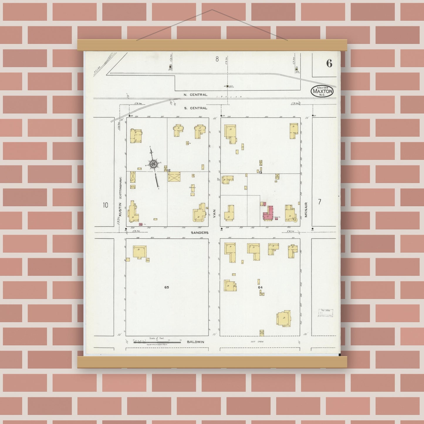 Old map wall art mockup — magnetic wood frame on brick wall — Sanborn Fire Insurance Map from Maxton, Robeson County, North Carolina (1919), Sheet #0006