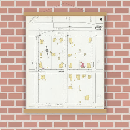 Old map wall art mockup — magnetic wood frame on brick wall — Sanborn Fire Insurance Map from Maxton, Robeson County, North Carolina (1919), Sheet #0006