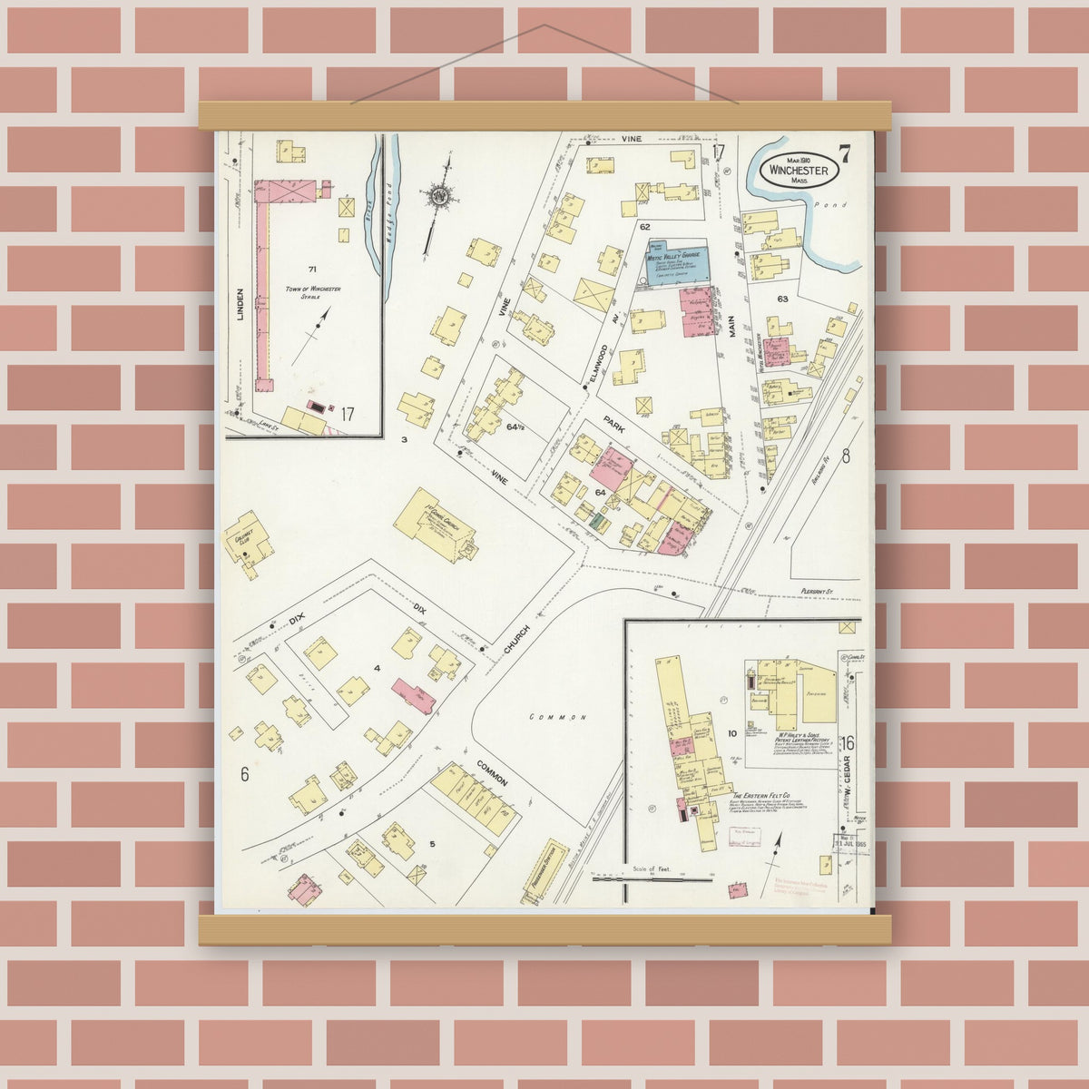 Old map wall art mockup — magnetic wood frame on brick wall — Sanborn Fire Insurance Map from Winchester, Middlesex County, Massachusetts (1910), Sheet #0007