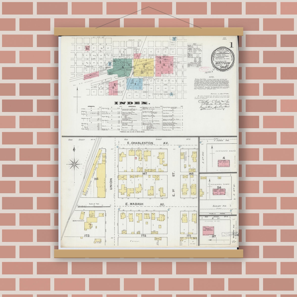 Old map wall art mockup — magnetic wood frame on brick wall — Sanborn Fire Insurance Map from Mattoon, Coles County, Illinois (1892), Sheet #0001