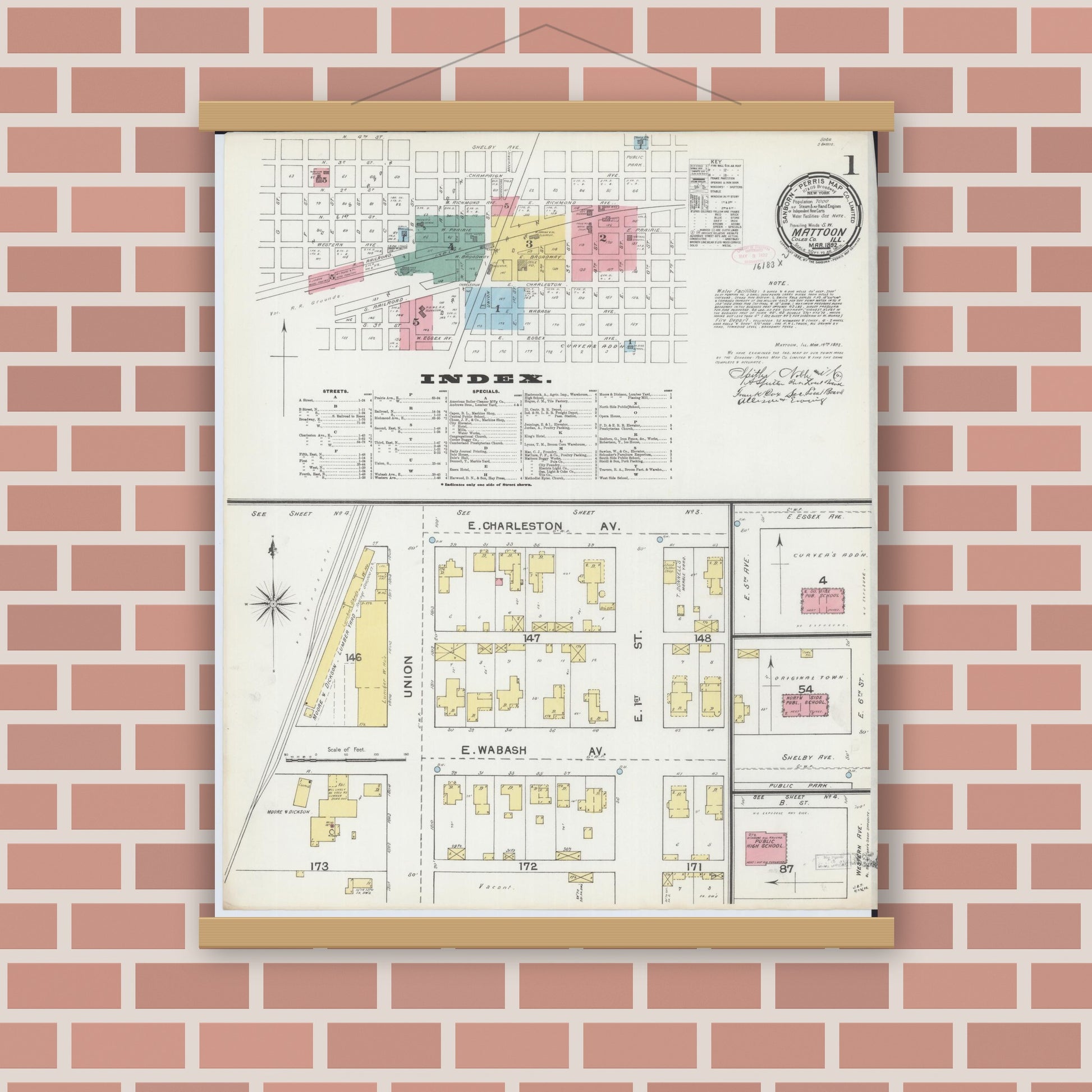 Old map wall art mockup — magnetic wood frame on brick wall — Sanborn Fire Insurance Map from Mattoon, Coles County, Illinois (1892), Sheet #0001