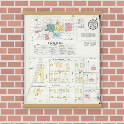Old map wall art mockup — magnetic wood frame on brick wall — Sanborn Fire Insurance Map from Mattoon, Coles County, Illinois (1892), Sheet #0001