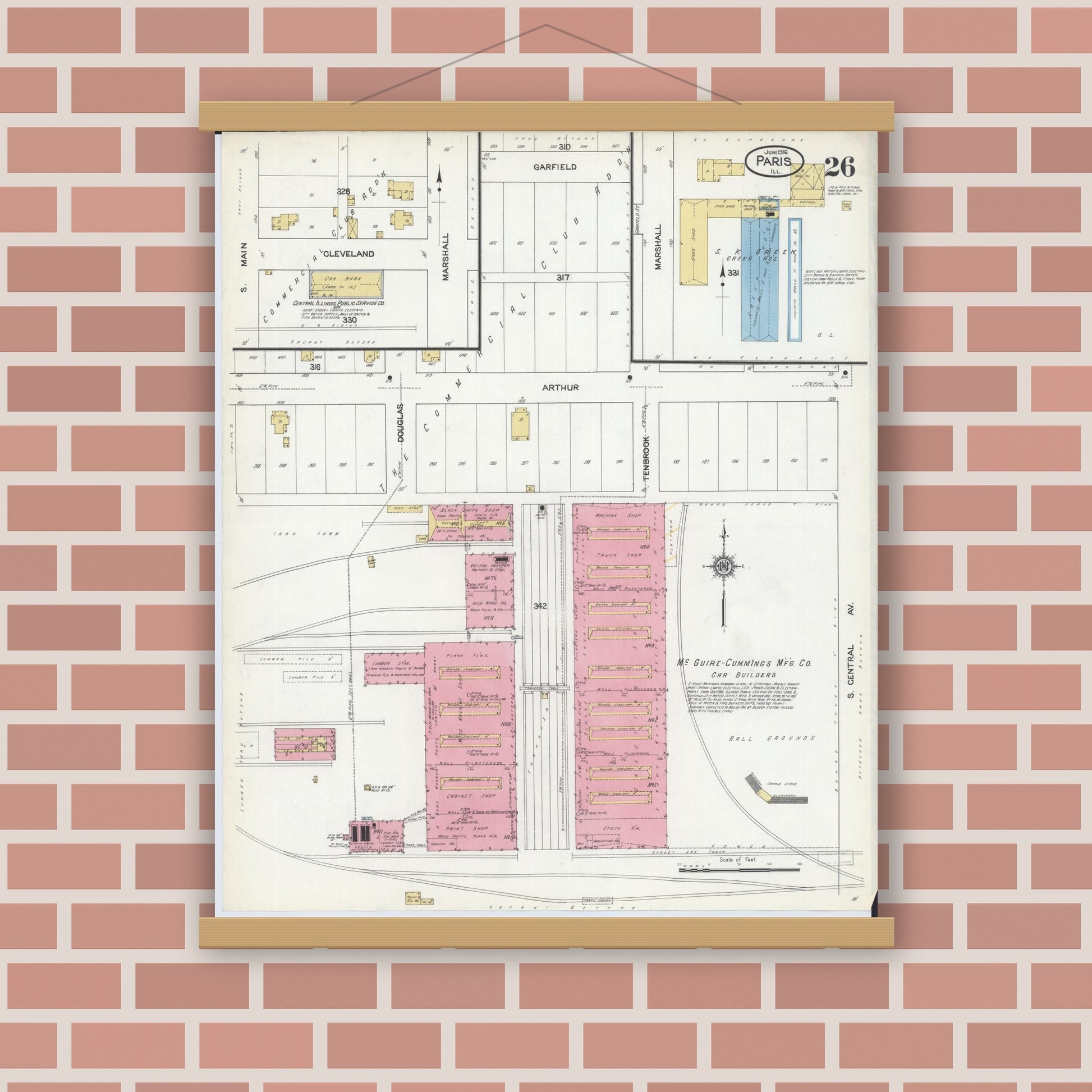 Old map wall art mockup — magnetic wood frame on brick wall — Sanborn Fire Insurance Map from Paris, Edgar County, Illinois (1916), Sheet #0026