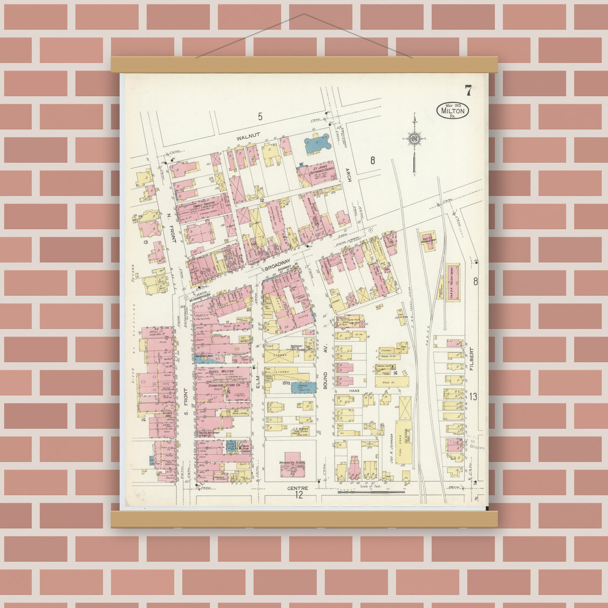 Old map wall art mockup — magnetic wood frame on brick wall — Sanborn Fire Insurance Map from Milton, Northumberland County, Pennsylvania (1913), Sheet #0007